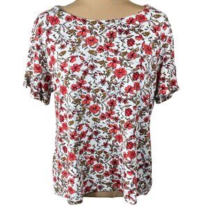 Liz Claiborne Floral T-Shirt Size L Large Coral Brown Short Sleeve